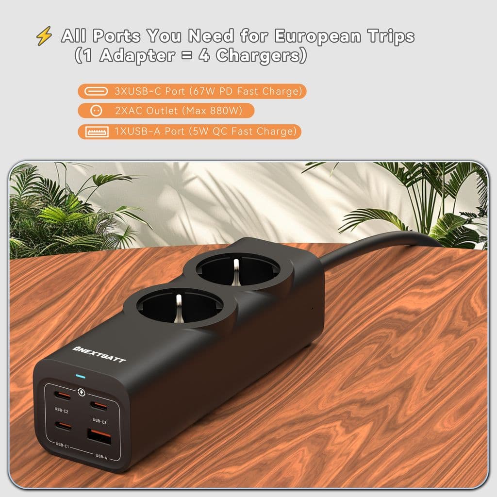 NEXTBATT 67W Snabbladdning Grenuttag 2-vägs/ 3xUSB-C/1x USB-A, 2m - Svart