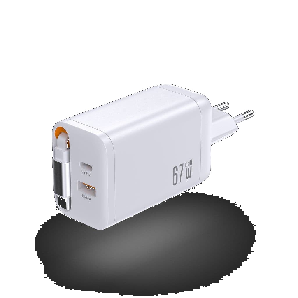 SiGN GaN Snabbladdare USB-C/USB-A 65W med utdragbar USB-C kabel - Vit