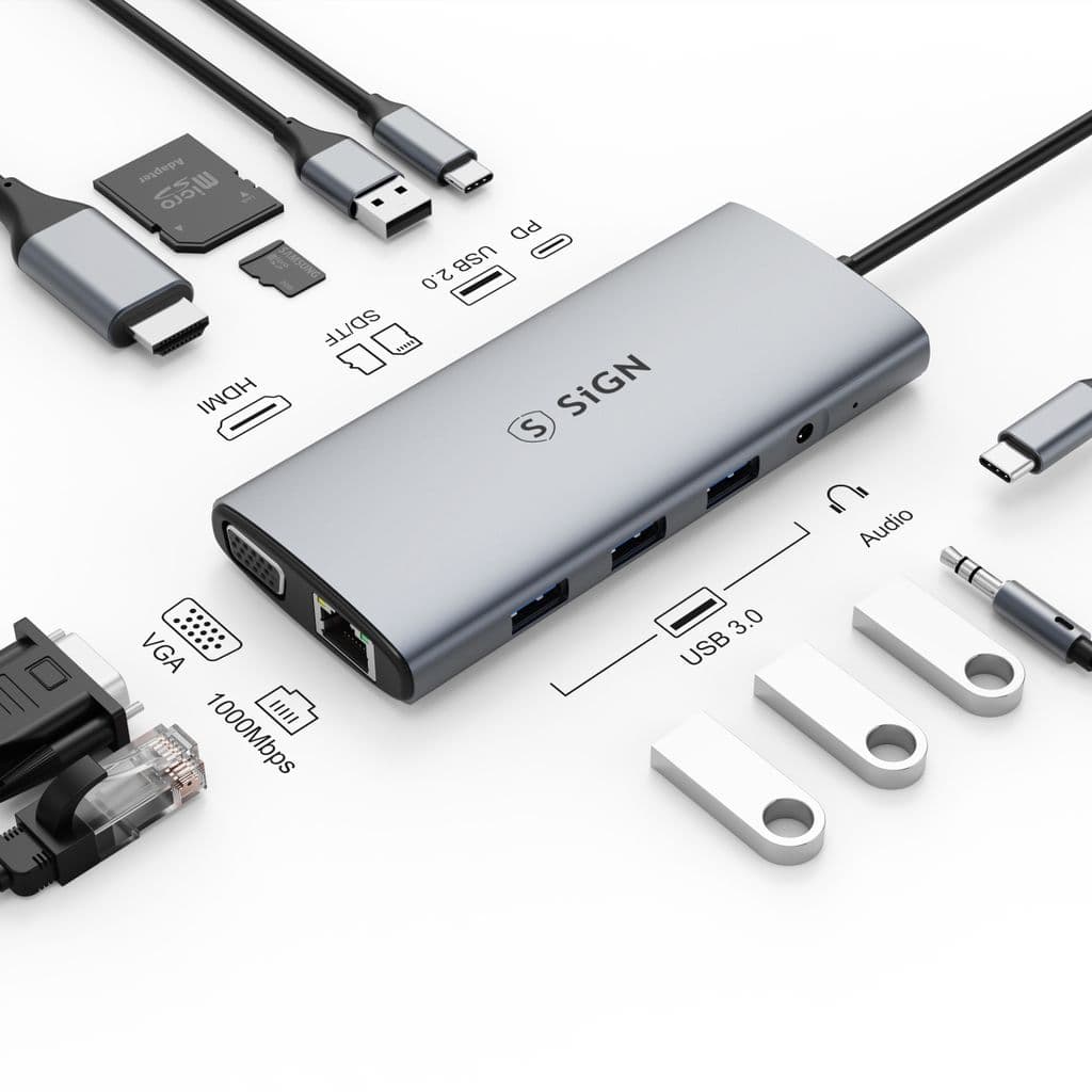 SiGN 11-i-1 hubb USB-C till HDMI/VGA/RJ45/USB-C/USB-A/SD/TF/3.5mm – Silver - Bild 2