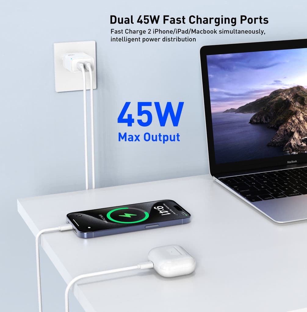 SiGN Dual USB-C PD Laddare 45W till laptop och smartphones - Vit