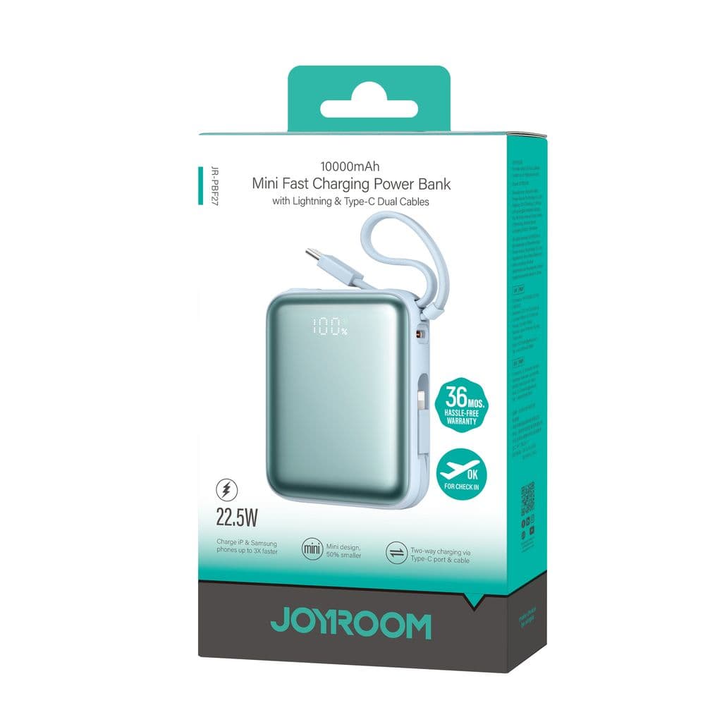 Joyroom 22.5W Powerbank 10000mAh Snabbladdning med Dubbla Kablar - Blå