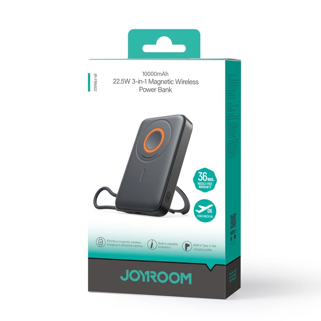 Joyroom 22.5W MagSafe Trådlös Powerbank 10000mAh med ringstativ - Svart
