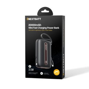 NEXTBATT Powerbank 20000mAh Snabbladdning 22.5W med kablar – Svart