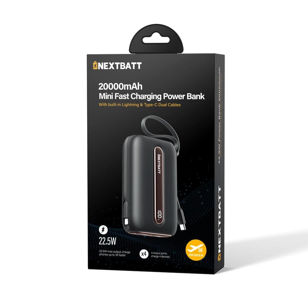 NEXTBATT Powerbank 20000mAh Snabbladdning 22.5W med kablar – Svart