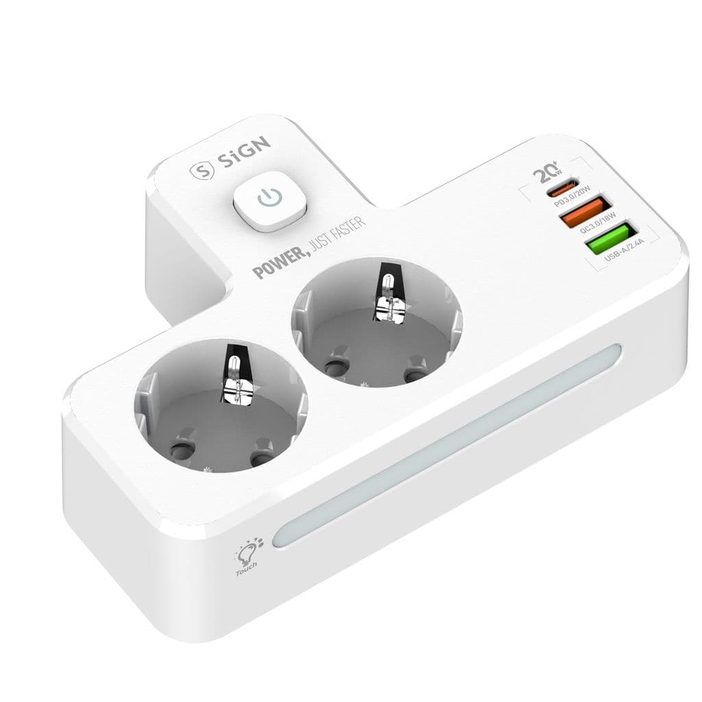 SiGN 20W Grenuttag med LED-nattlampa, 2-vägs/2 xUSB-A/1x USB-C - Vit