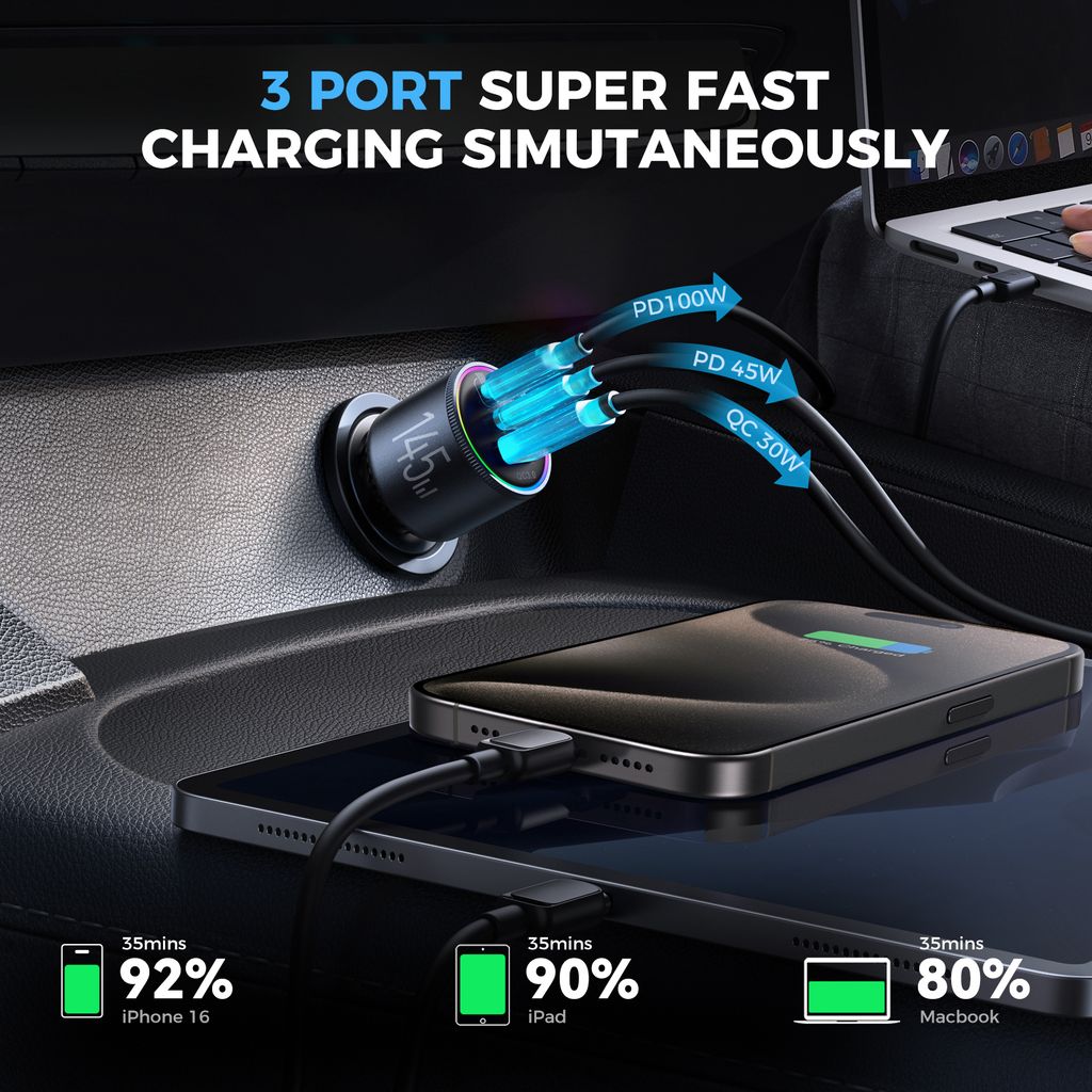 SiGN Billaddare 145W med 2x USB-C & 1x USB-A – PD & QC3.0 - Bild 2