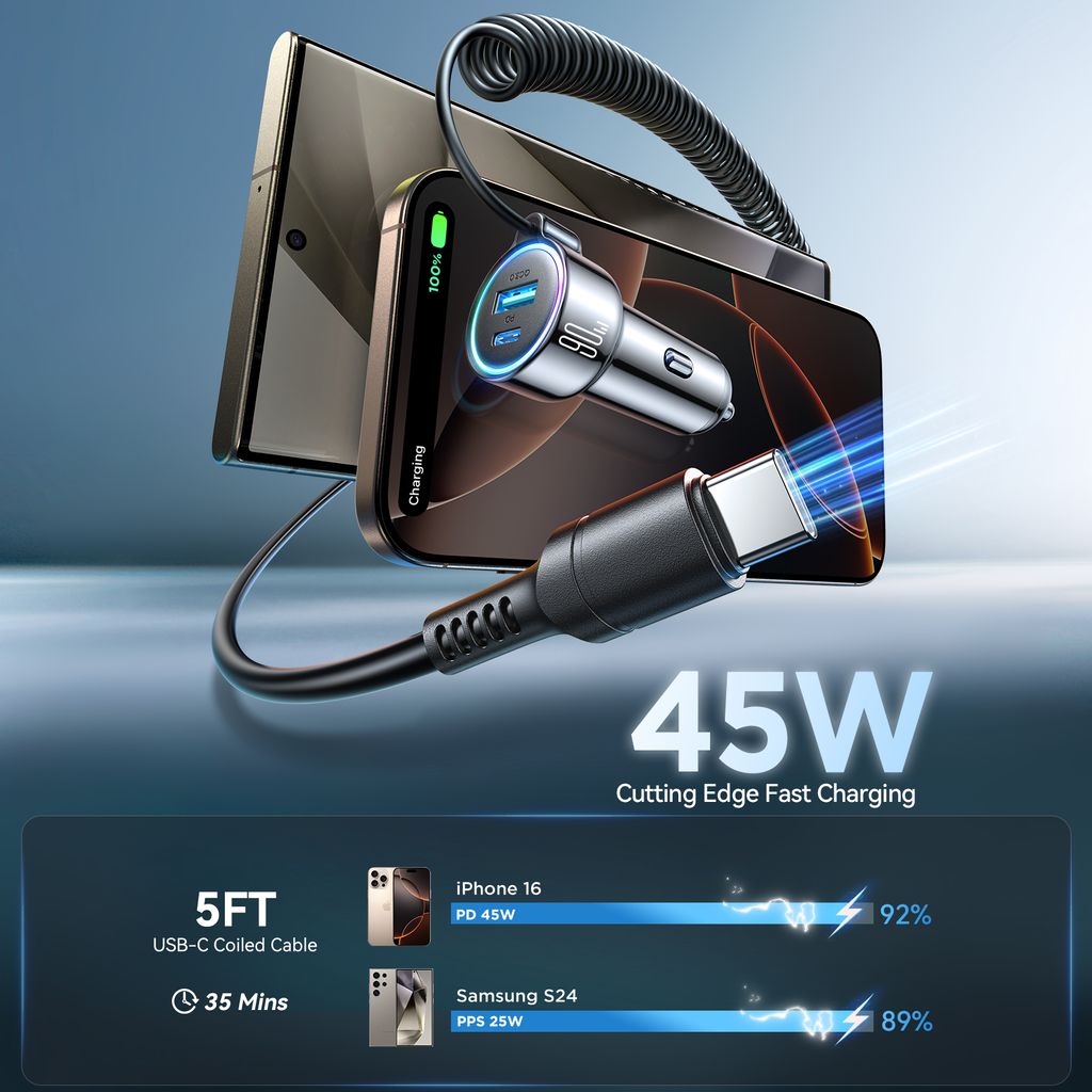 SiGN 90W 3-i-1 Snabb Billaddare med USB-C Kabel - Bild 4