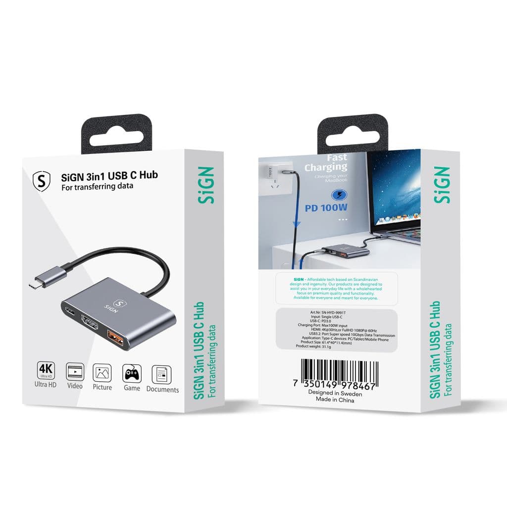 SiGN USB-C Hub till USB-A 3.0 / USB-C PD 100W / HDMI 4K@30Hz