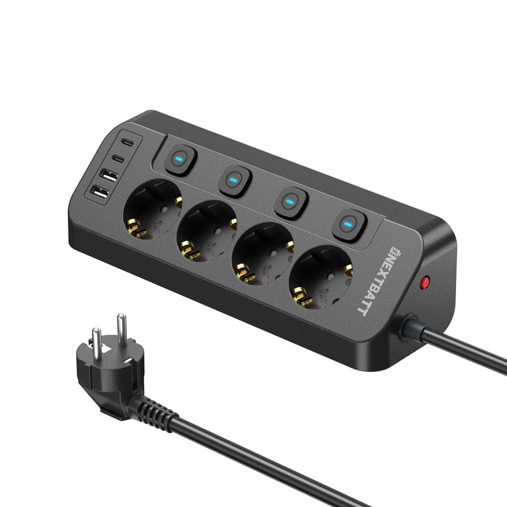 NEXTBATT Snabbladdning Grenuttag 4-vägs/USB-A/USB-C – svart