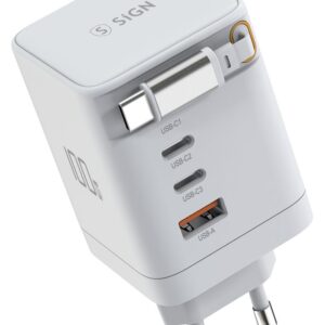SiGN 100W GAN-snabbladdare med Utdragbar USB-C-kabel - Vit