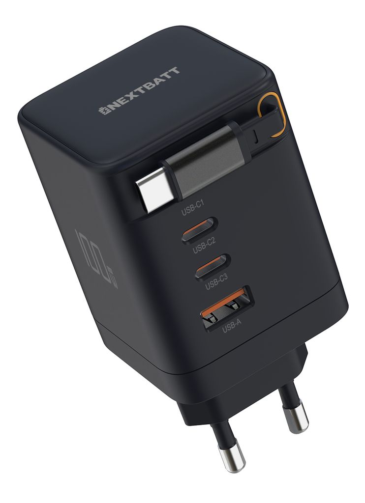 NEXTBATT 100W GAN Snabbladdare med utdragbar USB-C-kabel - Svart