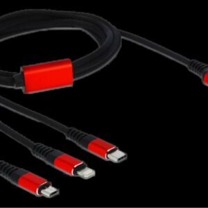 Delock 3-i-1 USB-A till Lightning/Micro USB/USB-C laddningskabel, 1m - Svart/röd