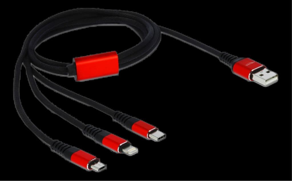 Delock 3-i-1 USB-A till Lightning/Micro USB/USB-C laddningskabel, 1m - Svart/röd