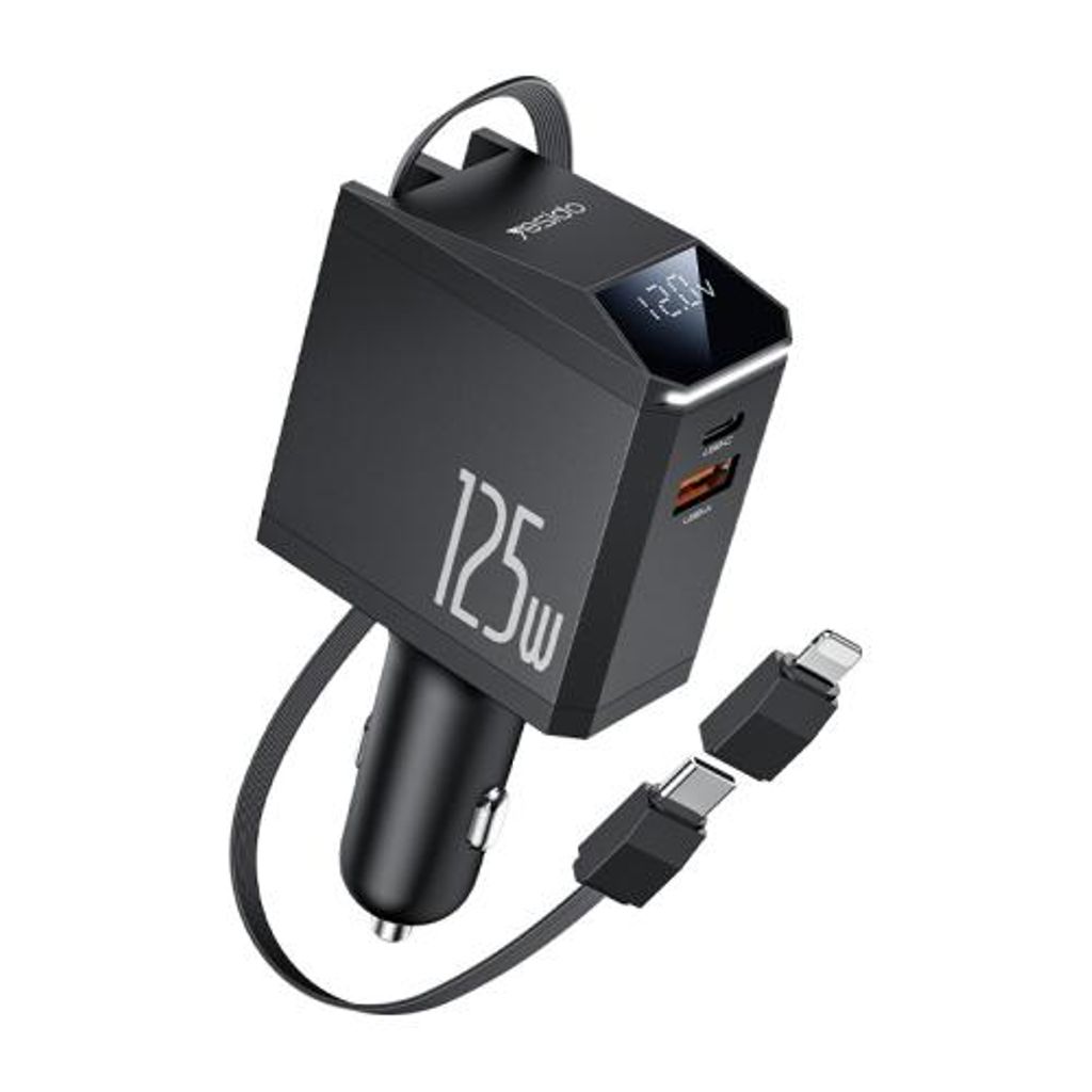 Yesido 125W billaddare USB-C/USB-A-portar och utdragbar USB-C/Lightning-kabel