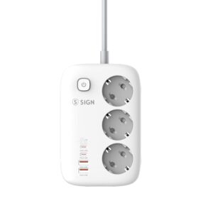 SiGN 65W GaN snabbladdning grenuttag 3-vägs/2x USB-A/2x USB-C, 2m - Vit