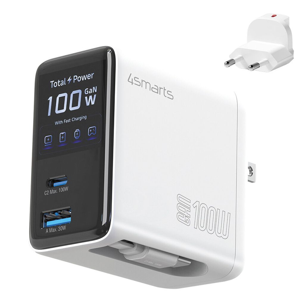 4Smarts GaN Flex 100W Reseladdare EU/US med USB-C/USB-A och USB-C-kabel