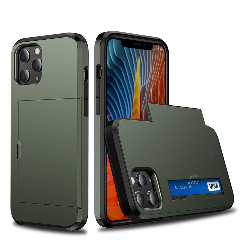 iPhone 12 Pro Max Skal med glidkortshållare - Army Green