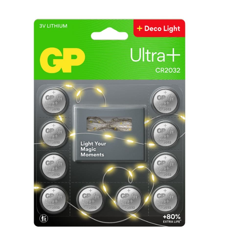 GP Ultra Plus 10st CR2032-batterier + 2m Ljusslinga