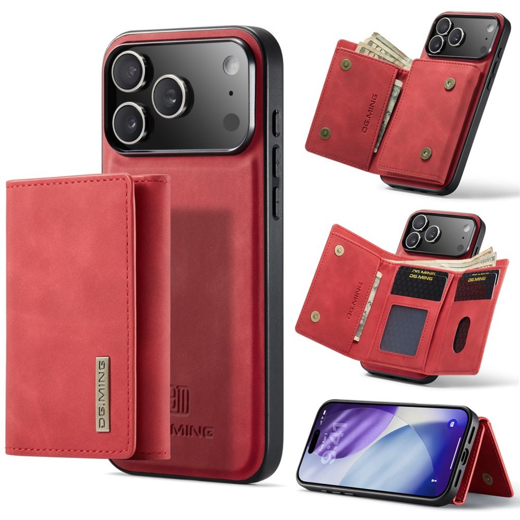 DG.MING M1 iPhone 18 Pro/17 Pro Skal med ställ och avtagbar plånbok - Röd