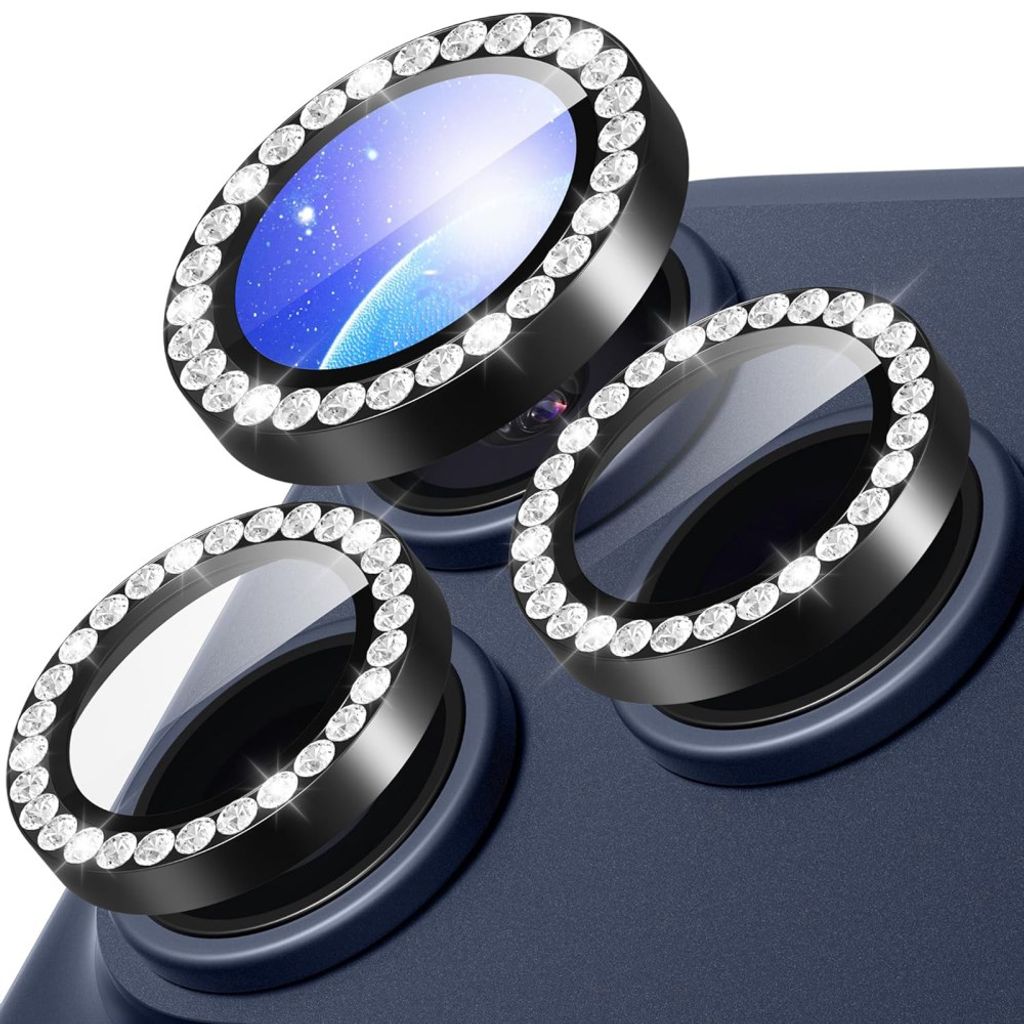 iPhone 18 Pro Linsskydd härdat glas med rhinestone metallring - Svart