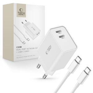 Tech-Protect C35W Dubbel USB-C PD 35W-laddare med kabel - Vit