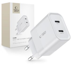 Tech-Protect Nätladdare 2x USB-C PD 20W - Vit