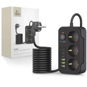 Tech-Protect PC3X6 Grenuttag 3 uttag 240V + 3x USB-A + 3x USB-C, 2m - Svart