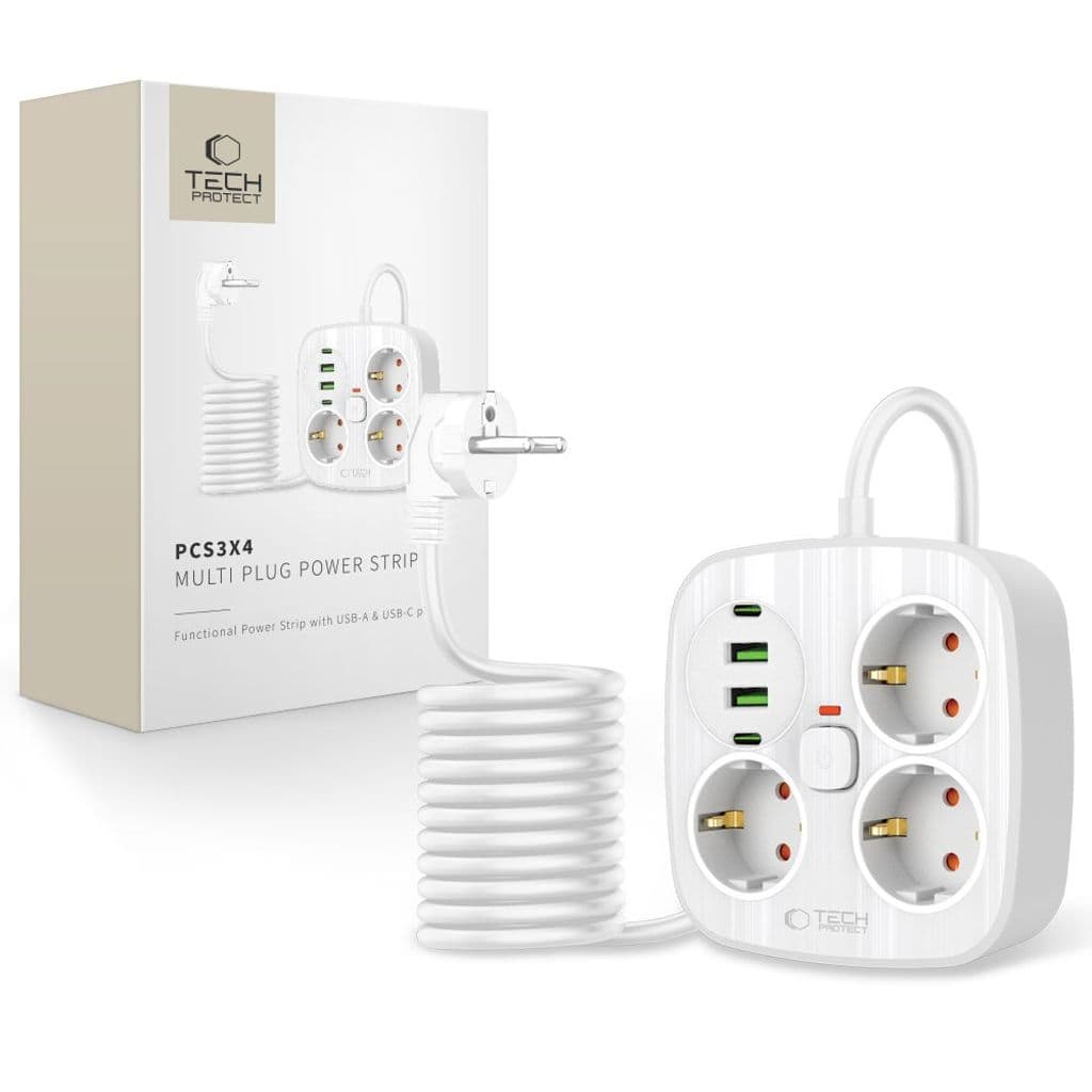 Tech-Protect PCS3X4 grenuttag 3 uttag, 2xUSB-A, 2xUSB-C 200 cm – vit