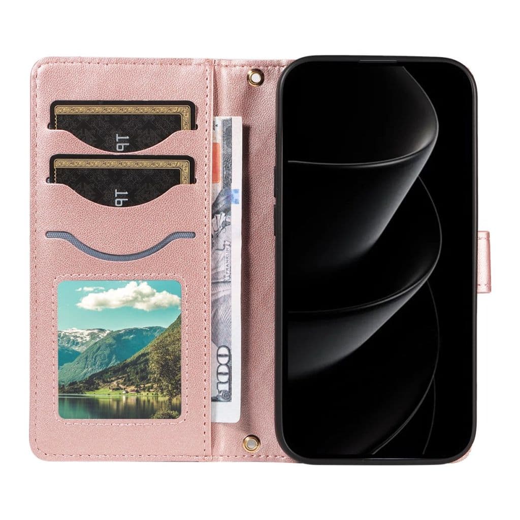 iPhone 17 Pro Max Plånboksfodral med axelrem – Roséguld diamantmönstrat konstläder - Bild 2