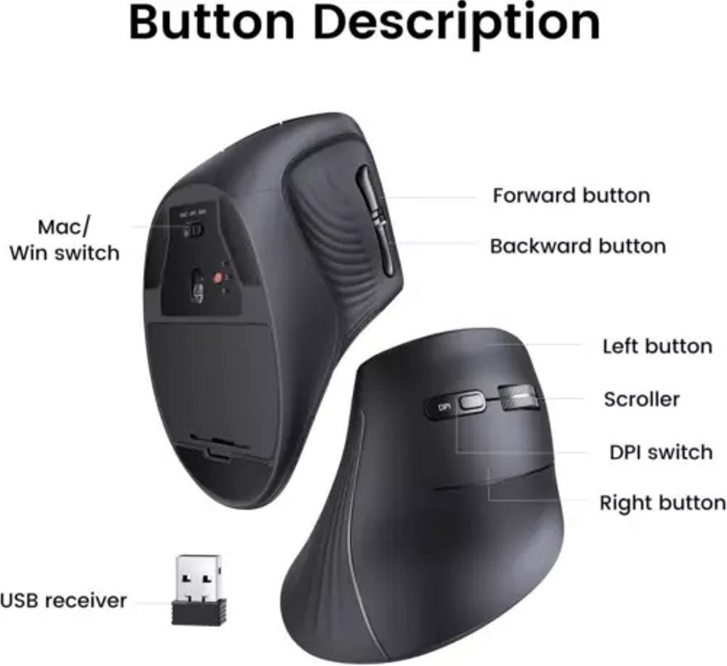 UGREEN Ergonomisk vertikal mus 4000 DPI max, 5 knappar - Svart - Bild 11