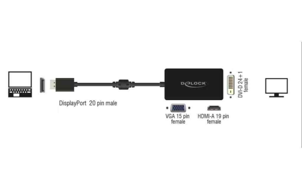 Delock Adapter DisplayPort hane till VGA / HDMI / DVI hona, Passiv - Svart - Bild 2