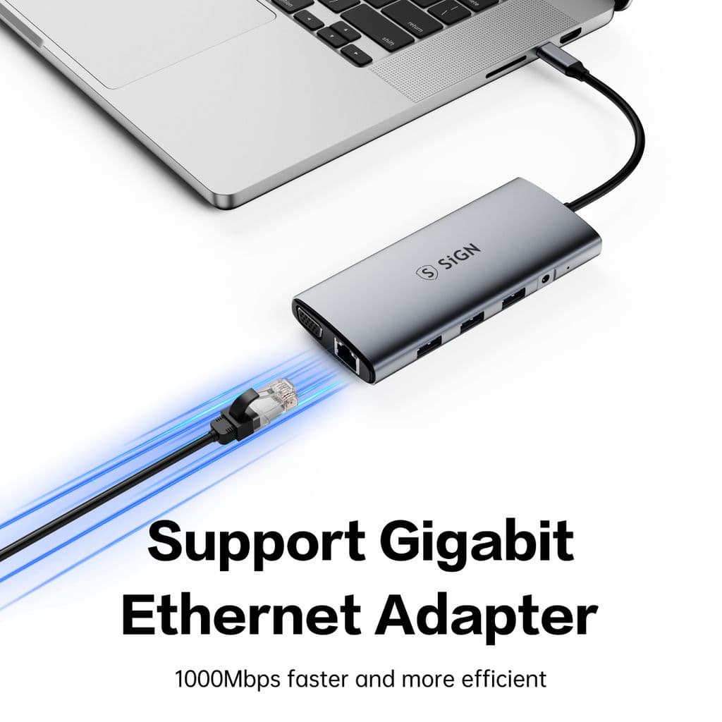 SiGN 11-i-1 hubb USB-C till HDMI/VGA/RJ45/USB-C/USB-A/SD/TF/3.5mm – Silver - Bild 4