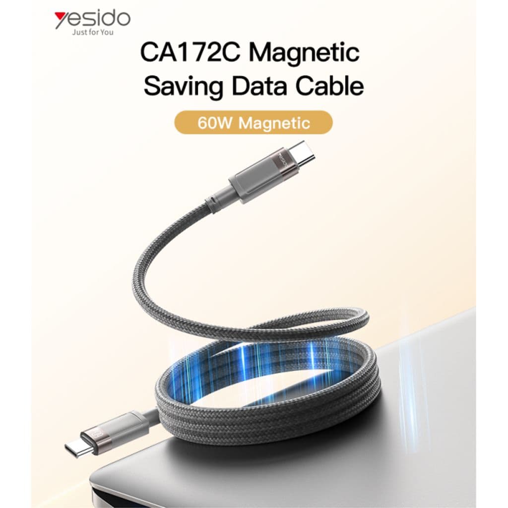 Yesido USB-C till USB-C snabbladdningskabel med magnetisk PD 60W, 1m - Grå - Bild 4