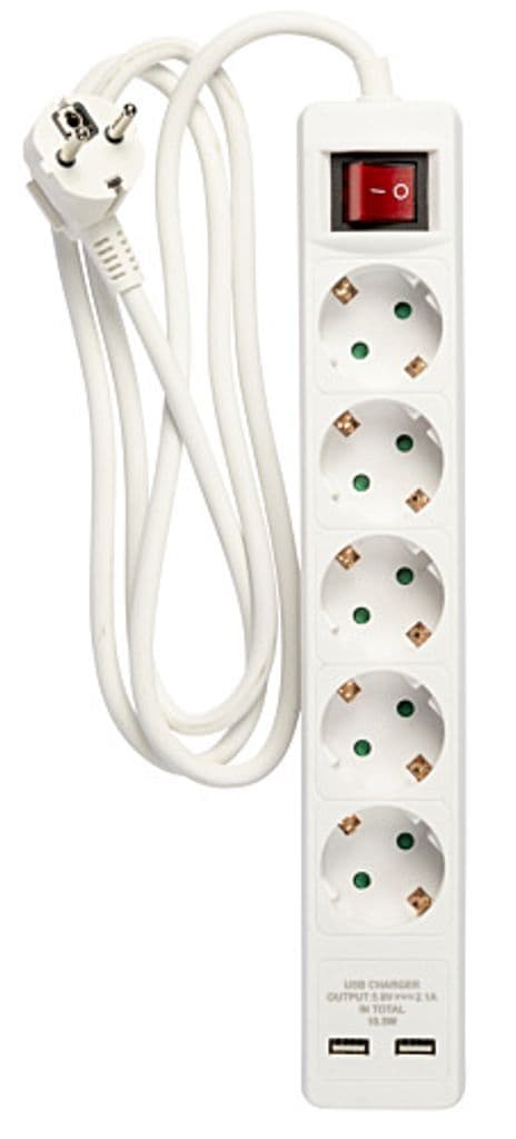 Grenuttag 5-vägskontakt med 2x USB, 1,5m