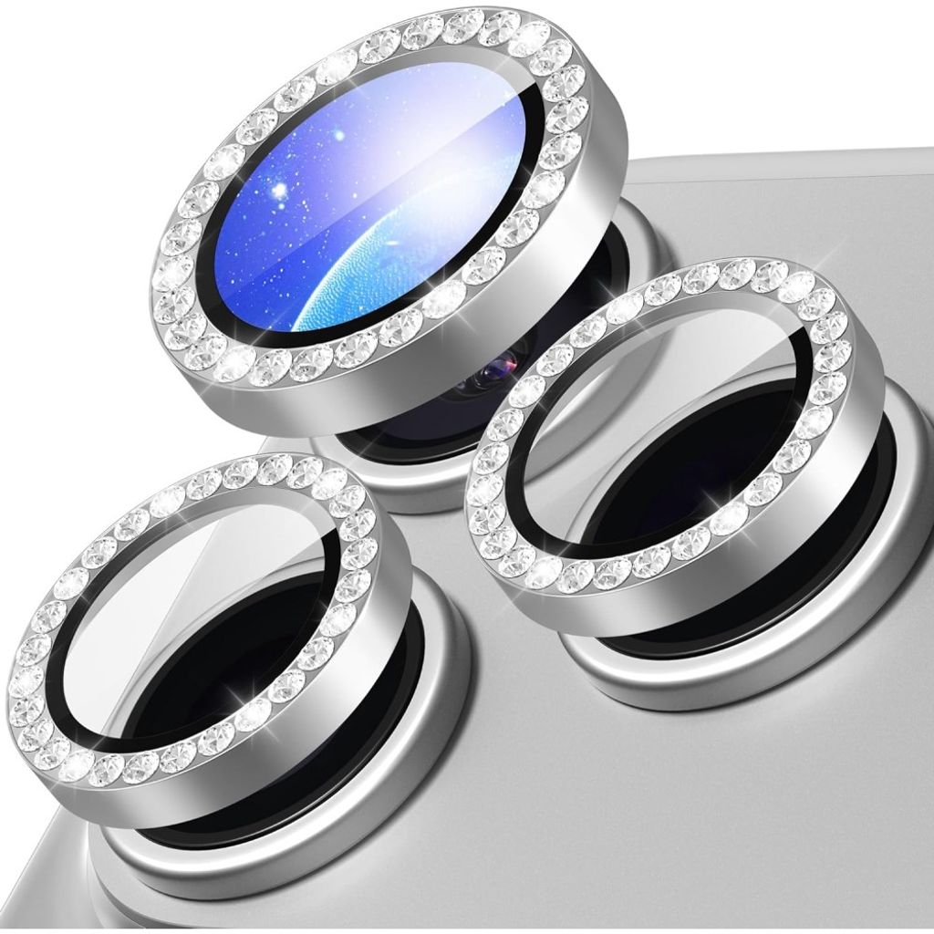 iPhone 18 Pro Max Linsskydd i härdat glas med metallring och strass - Silver