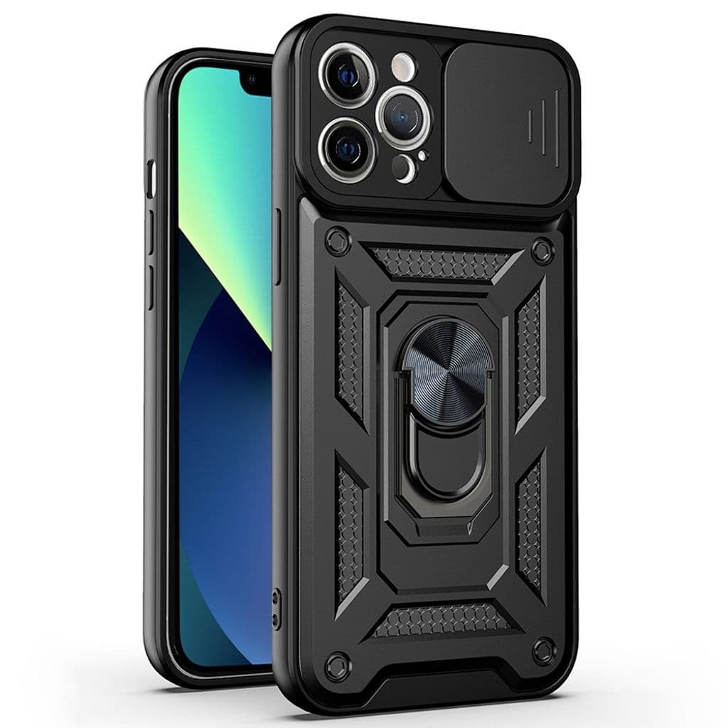 iPhone 11 Pro Max Skal med Stativ och Skjtbart Linsskydd – Svart