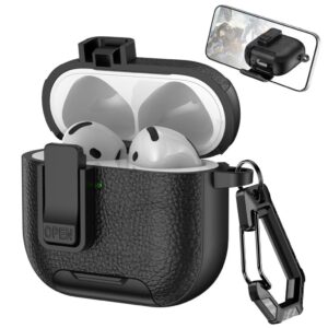 AirPods 4/5 Fodral i PU-läder med ställ och karbinhake - Svart