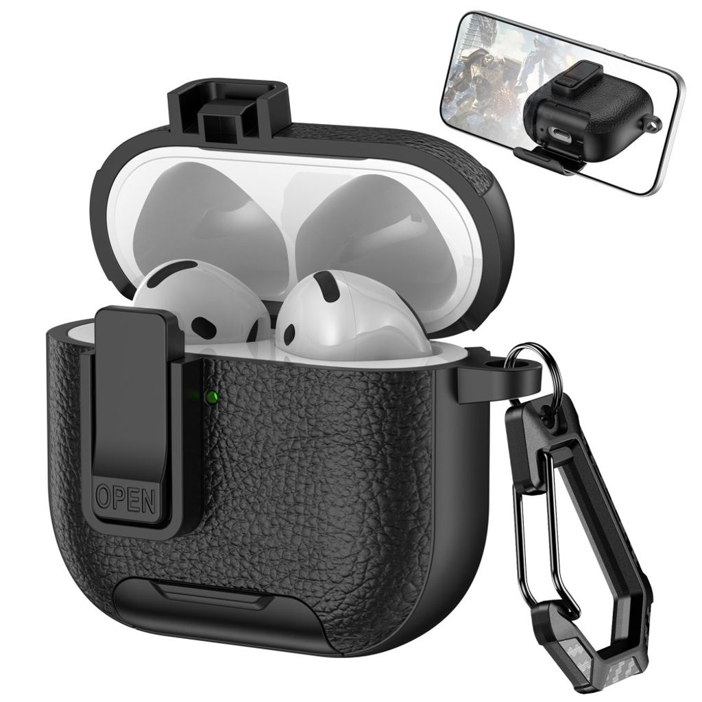 AirPods 4/5 Fodral i PU-läder med ställ och karbinhake - Svart