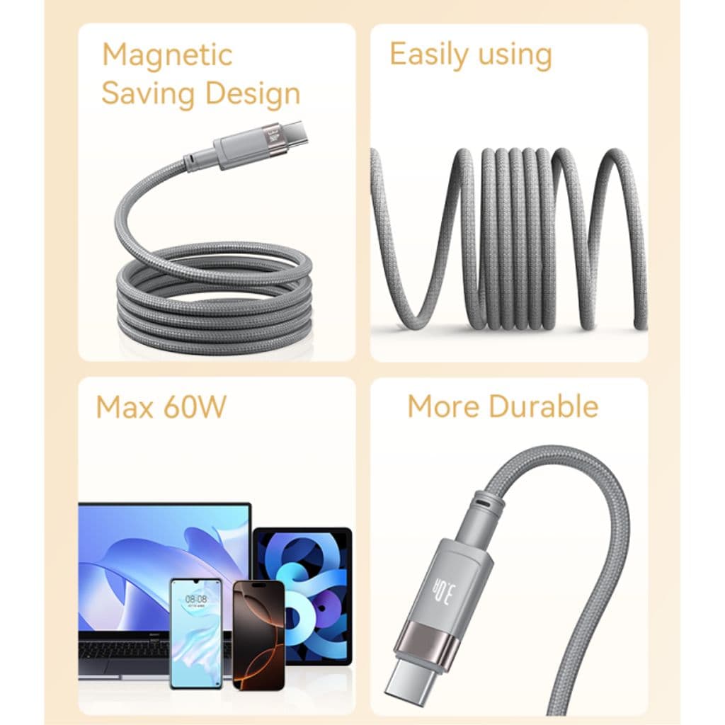 Yesido USB-C till USB-C snabbladdningskabel med magnetisk PD 60W, 1m - Grå - Bild 2