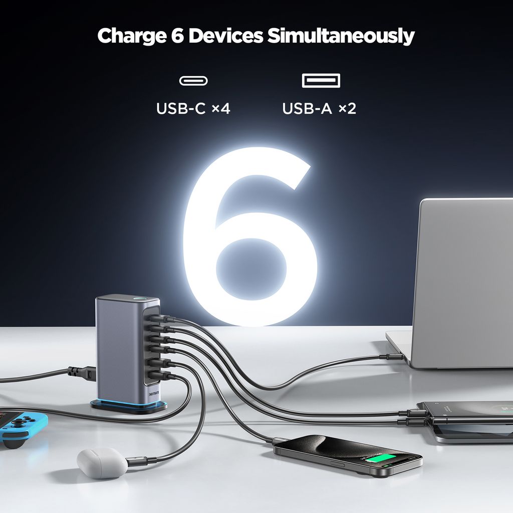 NEXTBATT 6-i-1 65W GaN Multi USB-laddare 4 USB-C & 2 USB-A - Bild 4