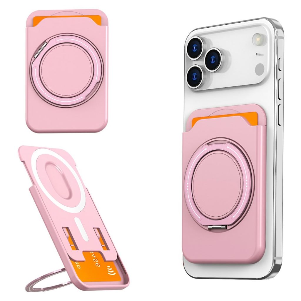 Magnetisk korthållare för mobiltelefon med ringställ - Rosa
