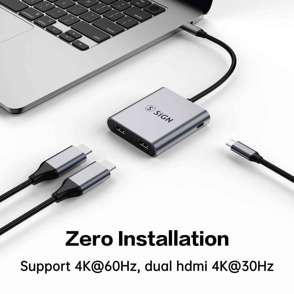 SiGN 2-i-1-adapter, USB-C till 2× HDMI 2.0 + USB-C, 4K 100W PD - Bild 3