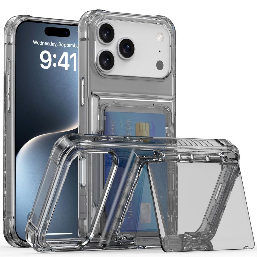 iPhone 17 Pro Skal med kortfack och stativ – Transparent Svart