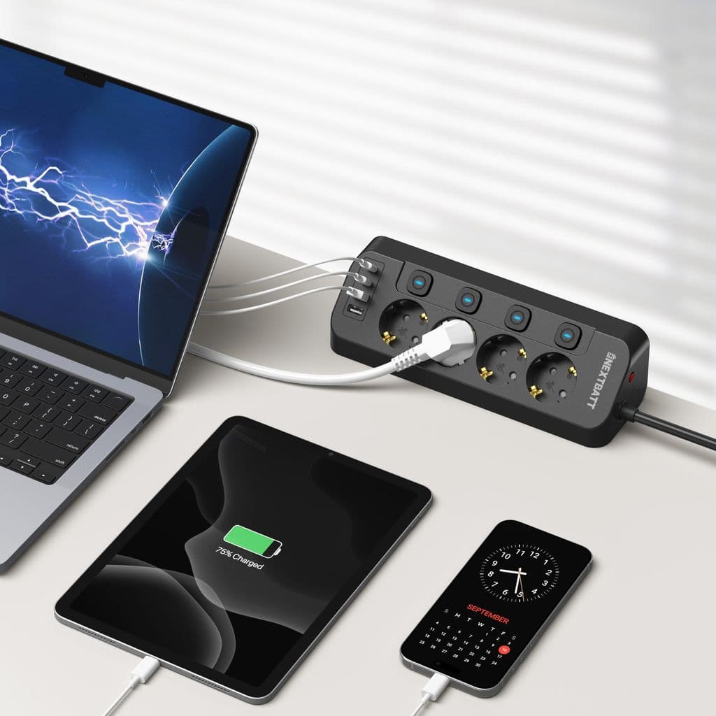 NEXTBATT Snabbladdning Grenuttag 4-vägs/USB-A/USB-C – svart - Bild 2