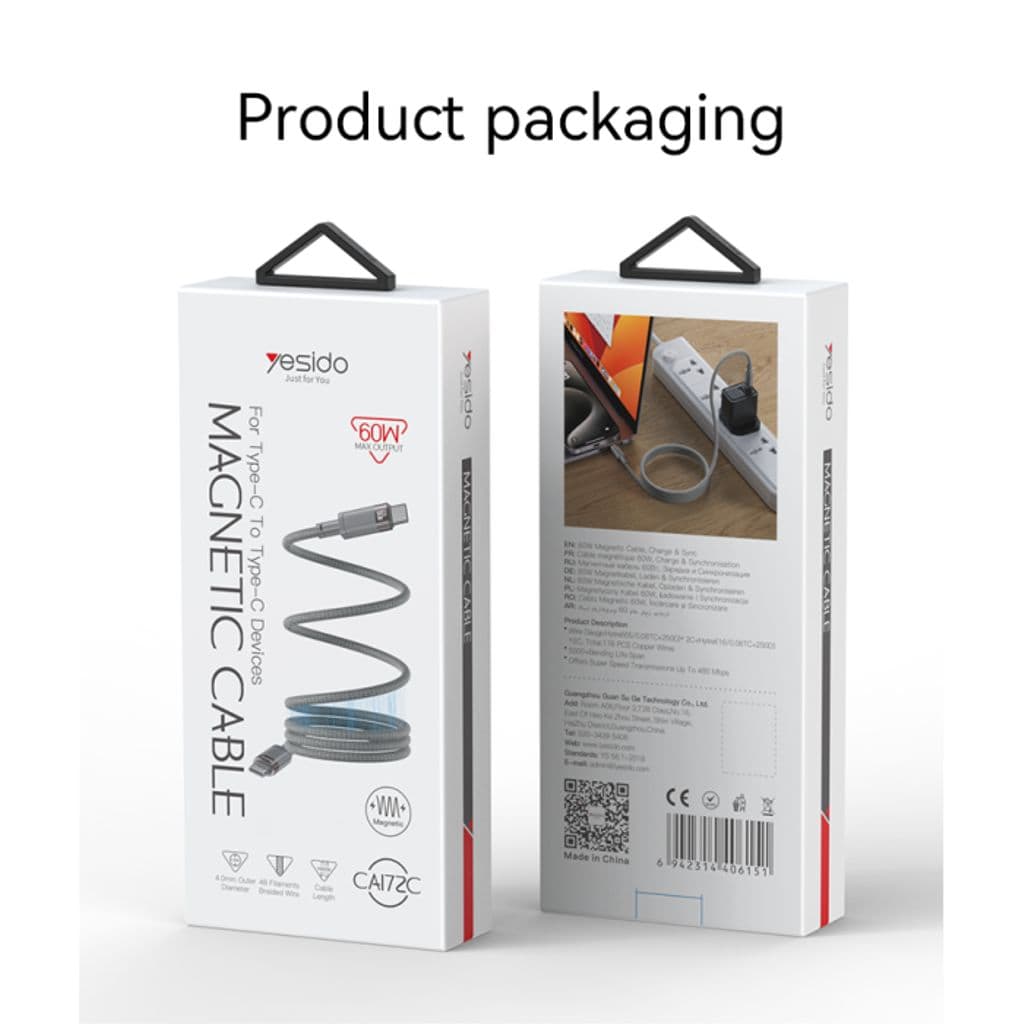 Yesido USB-C till USB-C snabbladdningskabel med magnetisk PD 60W, 1m - Grå - Bild 5