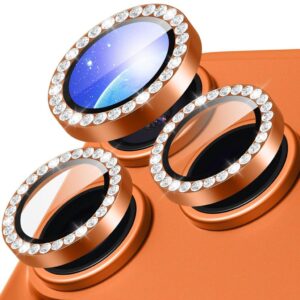 iPhone 18 Pro Linsskydd i härdat glas med metallring och strass - Orange