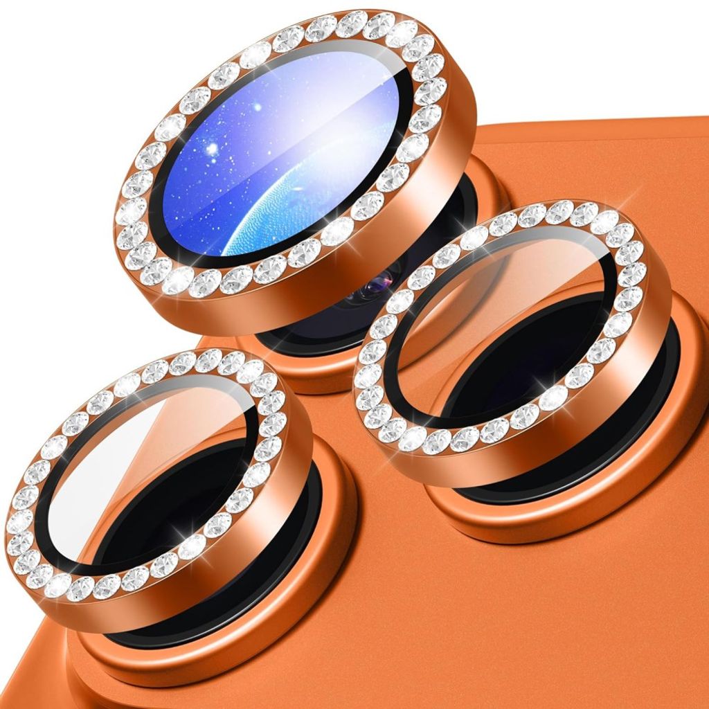 iPhone 18 Pro Linsskydd i härdat glas med metallring och strass - Orange