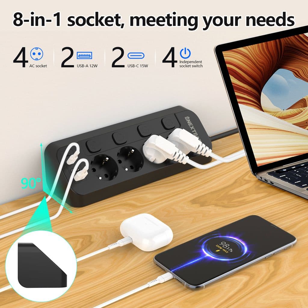NEXTBATT Snabbladdning Grenuttag 4-vägs/USB-A/USB-C – svart - Bild 4