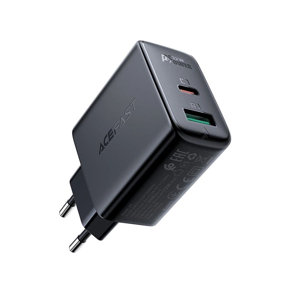Acefast väggladdare USB-C/ USB-A 32W, PPS, PD, QC 3,0, AFC, FCP - Svart