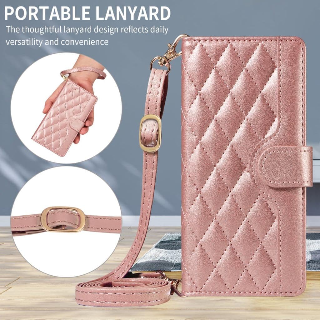 iPhone 17 Pro Max Plånboksfodral med axelrem – Roséguld diamantmönstrat konstläder - Bild 4
